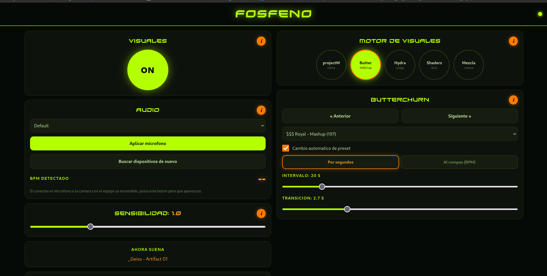 Panel de control de FOSFENO