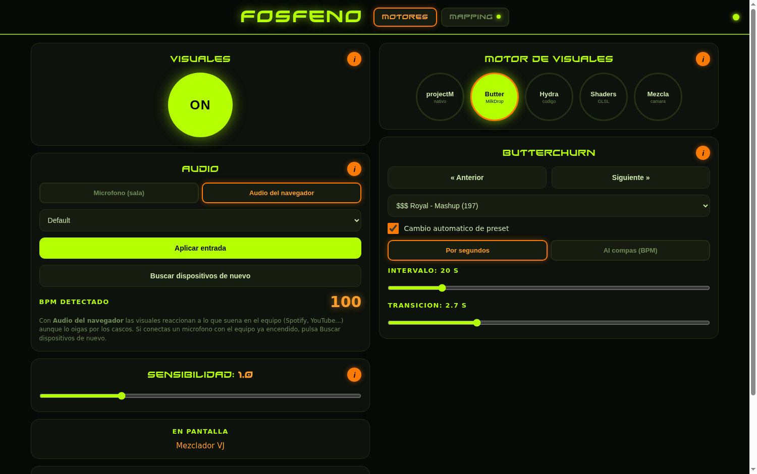 Panel de control de FOSFENO