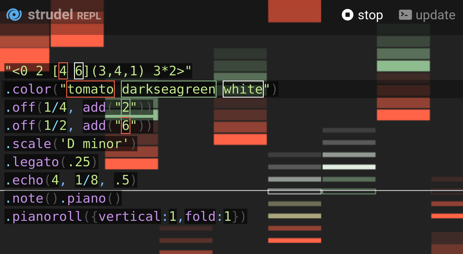 Screenshot of the Strudel ‘REPL’ live coding editor, including piano-roll visualisation.